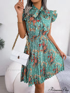 Chic Flower Pattern Bow Folded Trimmed Waist Flower Dress
