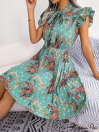Chic Flower Pattern Bow Folded Trimmed Waist Flower Dress