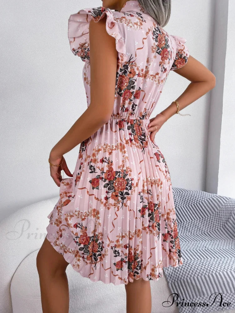 Chic Flower Pattern Bow Folded Trimmed Waist Flower Dress