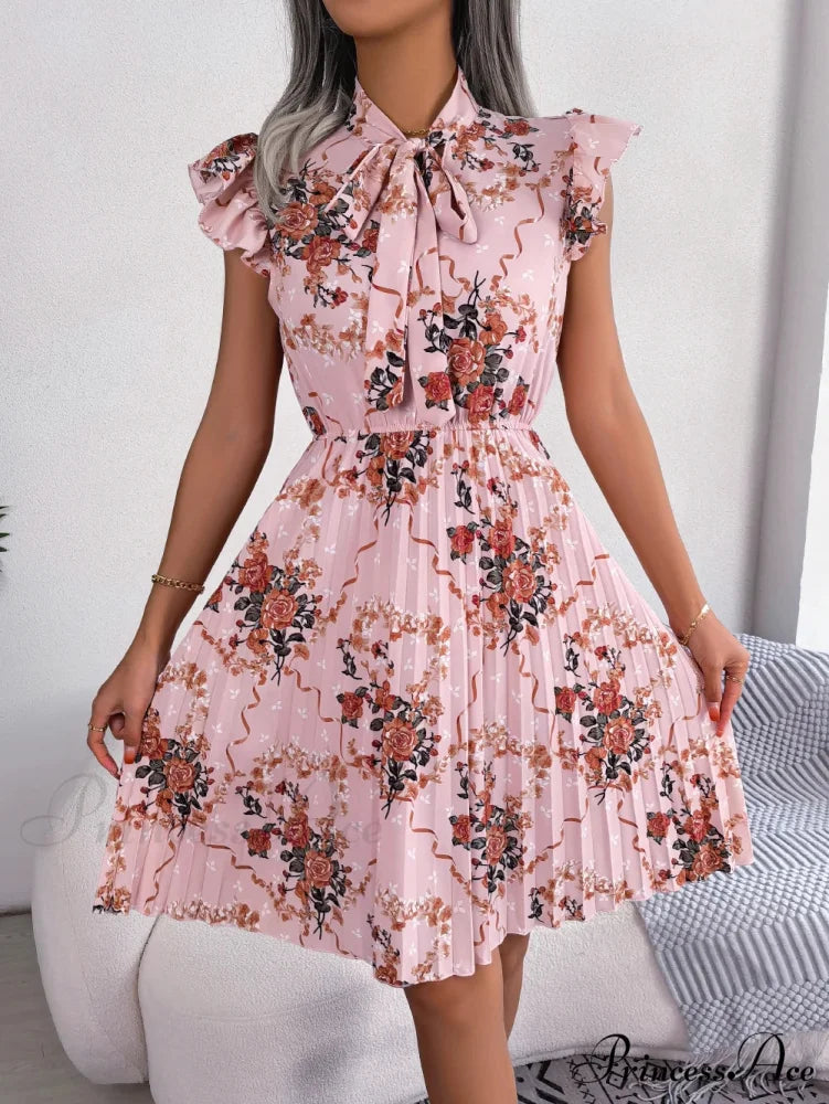 Chic Flower Pattern Bow Folded Trimmed Waist Flower Dress