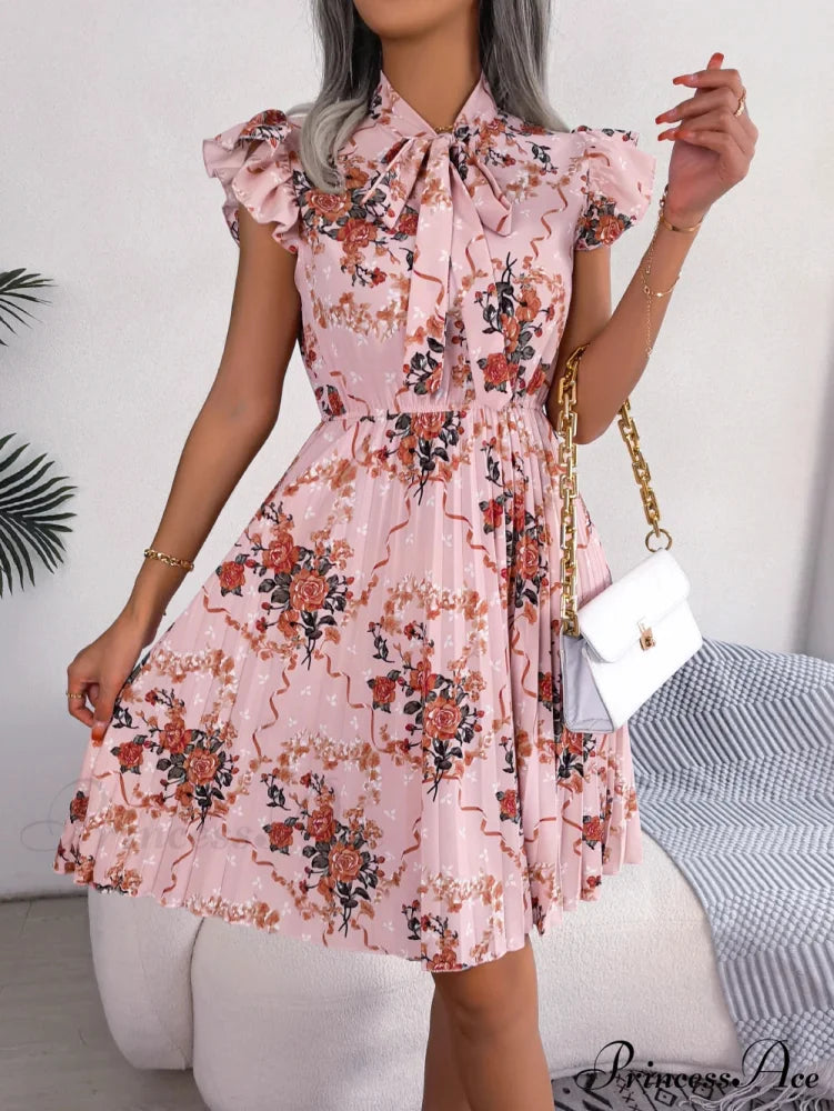Chic Flower Pattern Bow Folded Trimmed Waist Flower Dress
