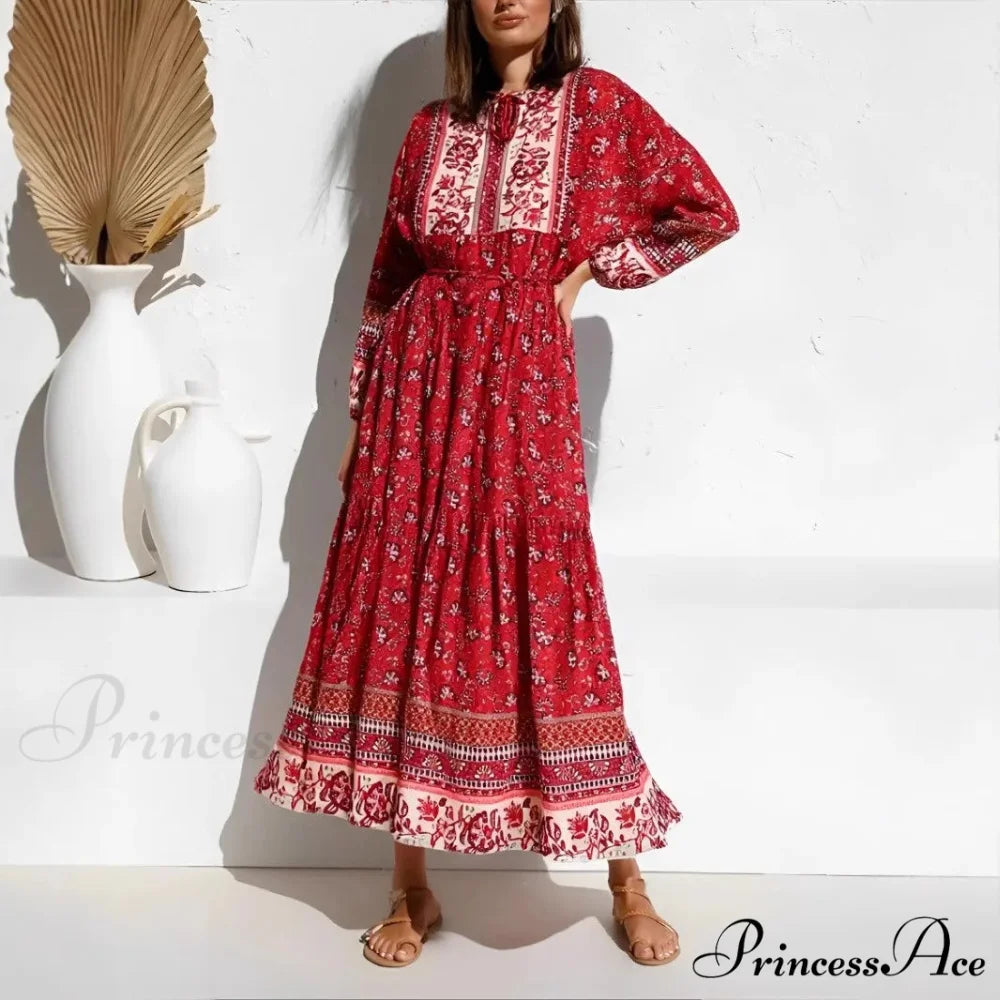 Chic Flowery Lace-up Fringe Rayon Maxi Boho Sundress