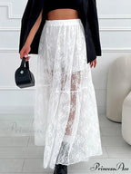 Chic Ivory Lace Straight High Waist Jacquard Weave Skirt