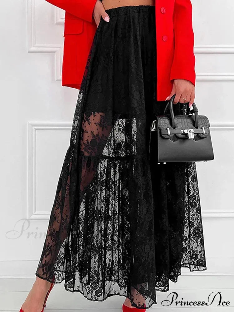 Chic Ivory Lace Straight High Waist Jacquard Weave Skirt