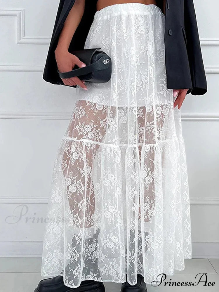 Chic Ivory Lace Straight High Waist Jacquard Weave Skirt