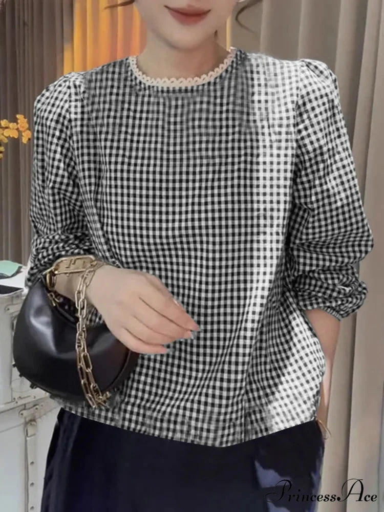 Chic Lace Trim O Neck Checked Puff Sleeve Smock Blouse