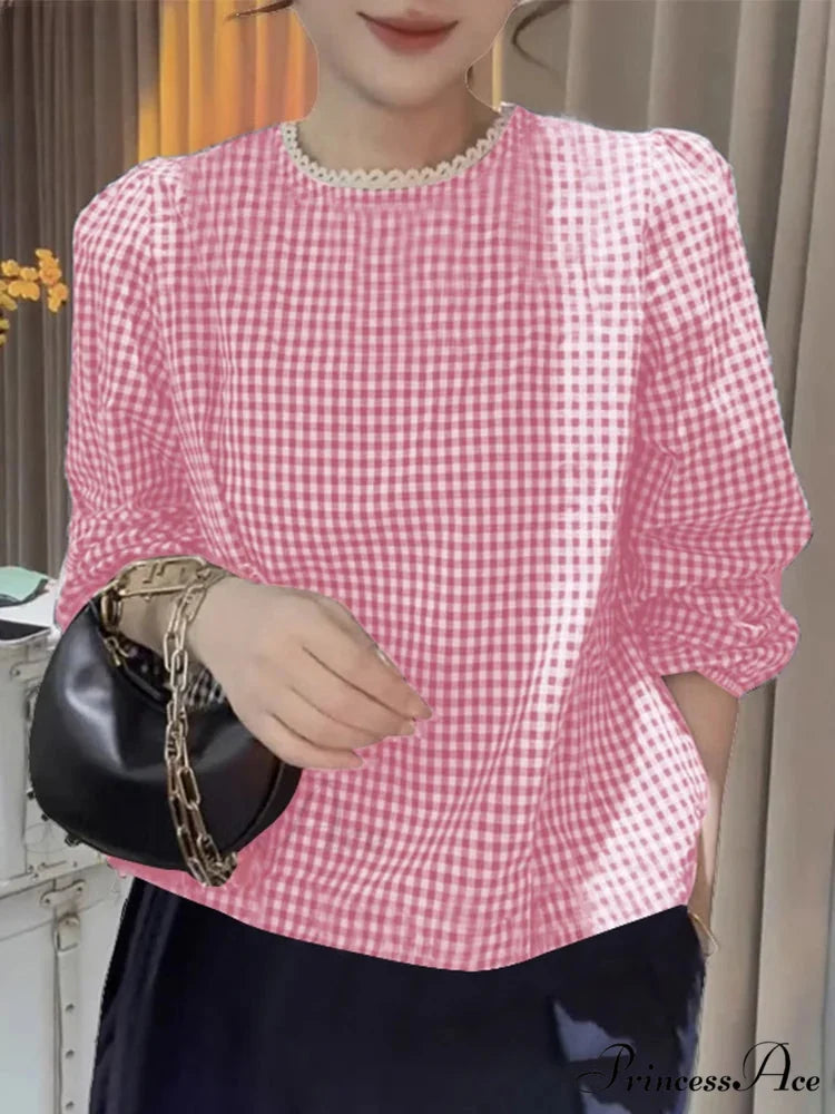 Chic Lace Trim O Neck Checked Puff Sleeve Smock Blouse