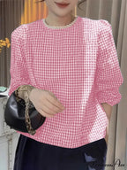 Chic Lace Trim O Neck Checked Puff Sleeve Smock Blouse
