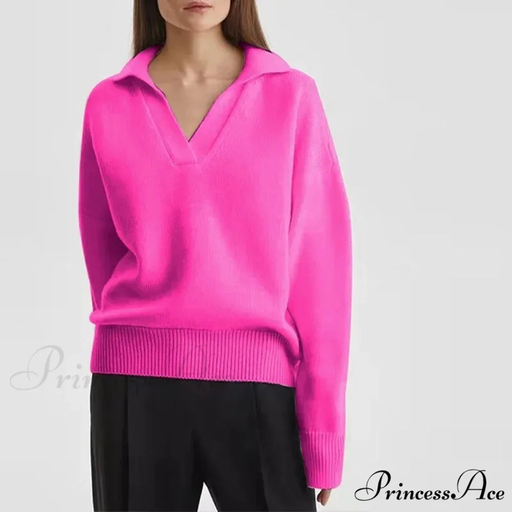 Chic Polo Collar Casual Oversized Solid Color Knitted Christmas Sweater