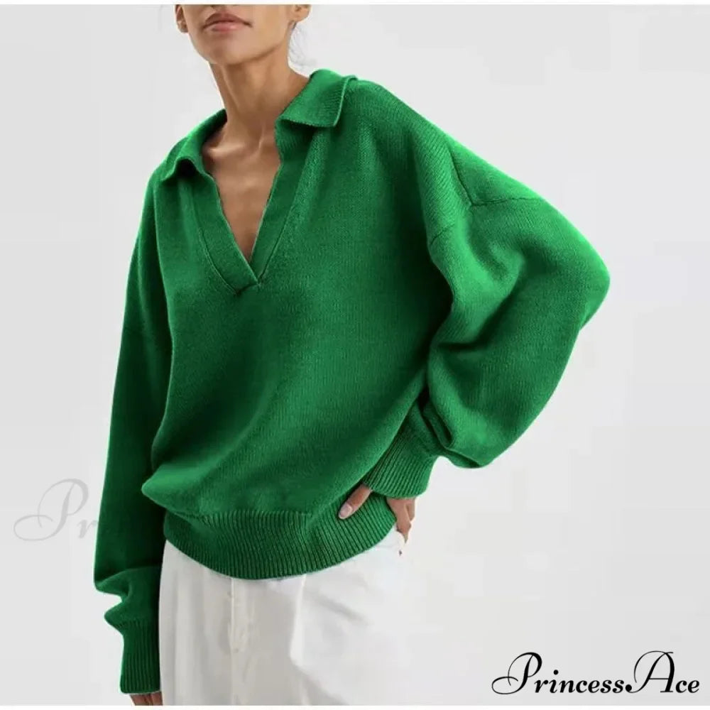 Chic Polo Collar Casual Oversized Solid Color Knitted Christmas Sweater