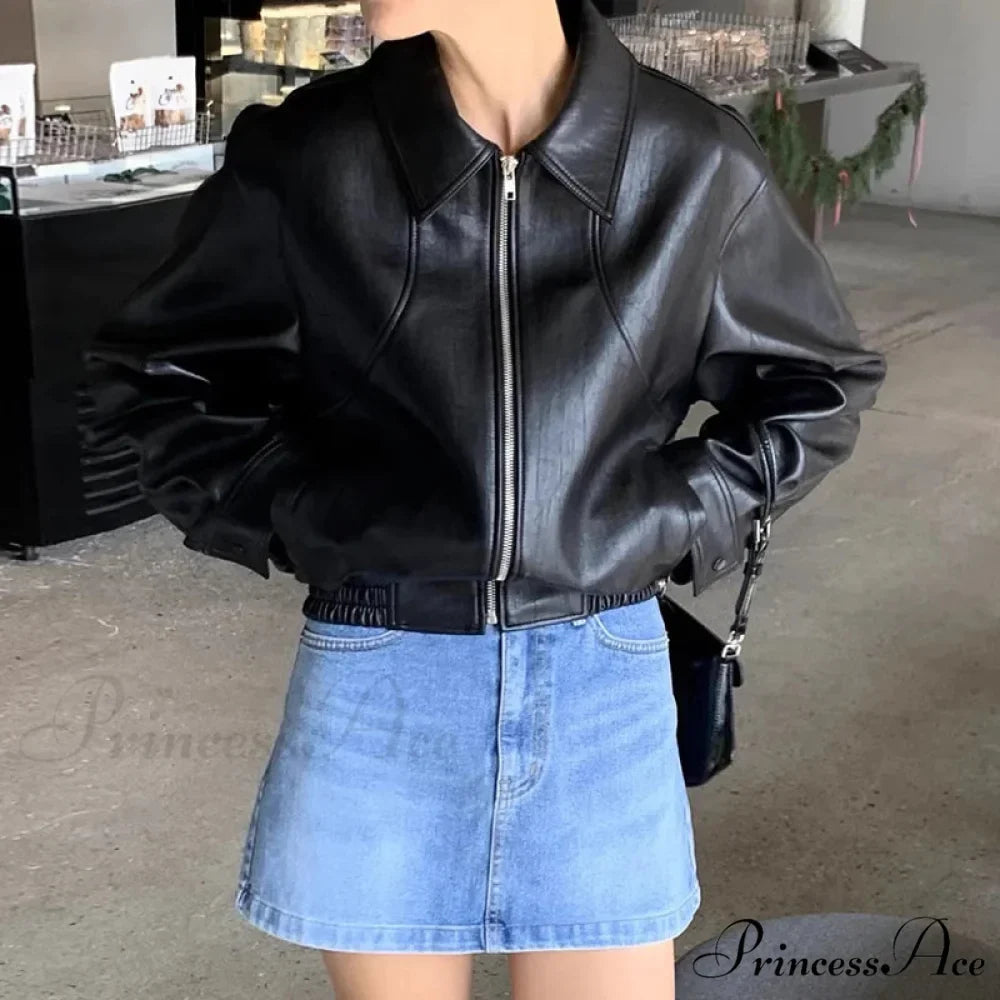 Chic Red Zipper PU Leather Coat