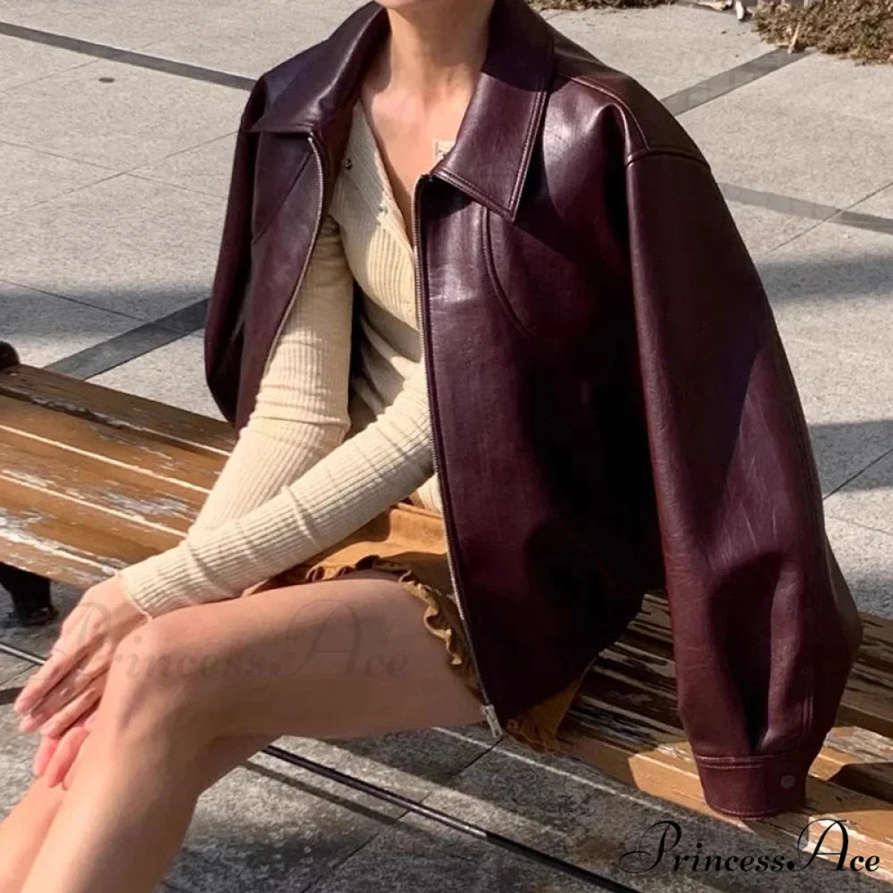 Chic Red Zipper PU Leather Coat