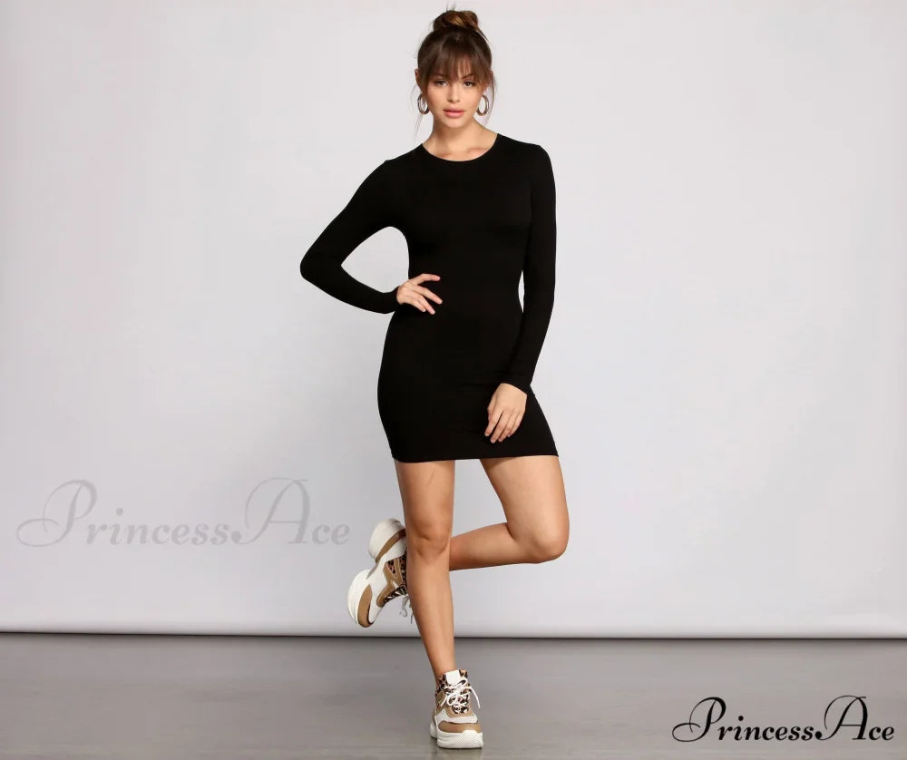 Chic Ribbed Knit Charming Basic Mini Dress