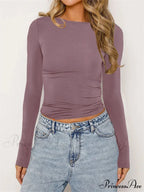 Chic Ruched Short Sleeve Solid Color Crop Tops Slim Fit T-shirts