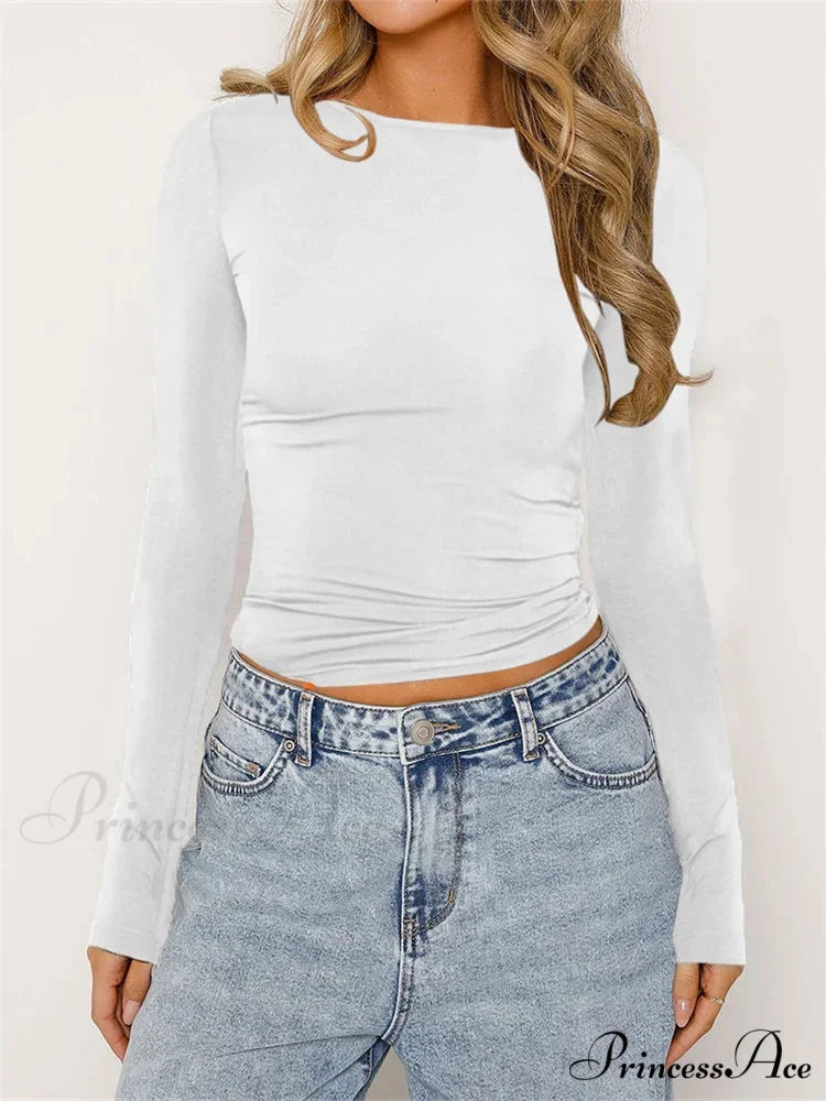 Chic Ruched Short Sleeve Solid Color Crop Tops Slim Fit T-shirts