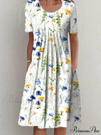 Chic Spring Summer Circular Neck Patterned Flowered Dress