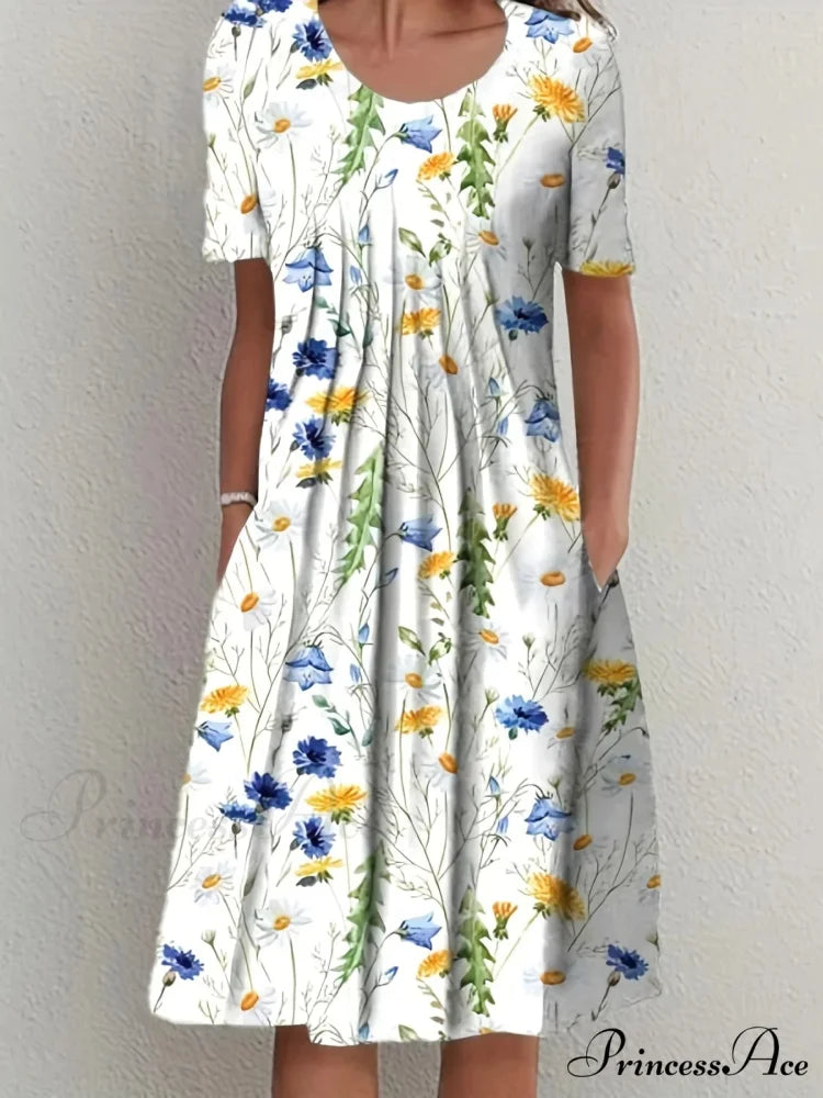 Chic Spring Summer Circular Neck Patterned Flowered Dress