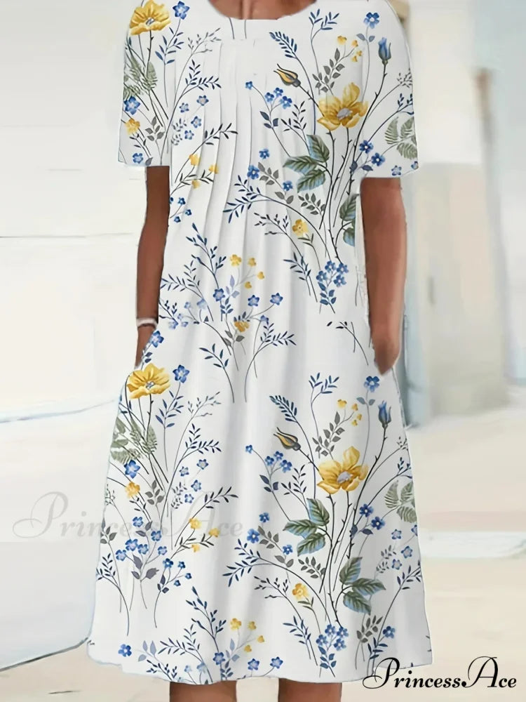 Chic Spring Summer Circular Neck Patterned Flowered Dress