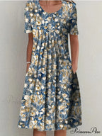 Chic Spring Summer Circular Neck Patterned Flowered Dress