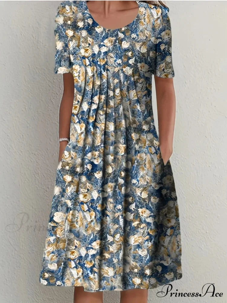 Chic Spring Summer Circular Neck Patterned Flowered Dress