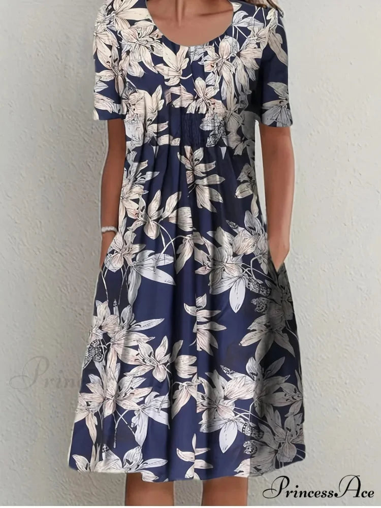 Chic Spring Summer Circular Neck Patterned Flowered Dress