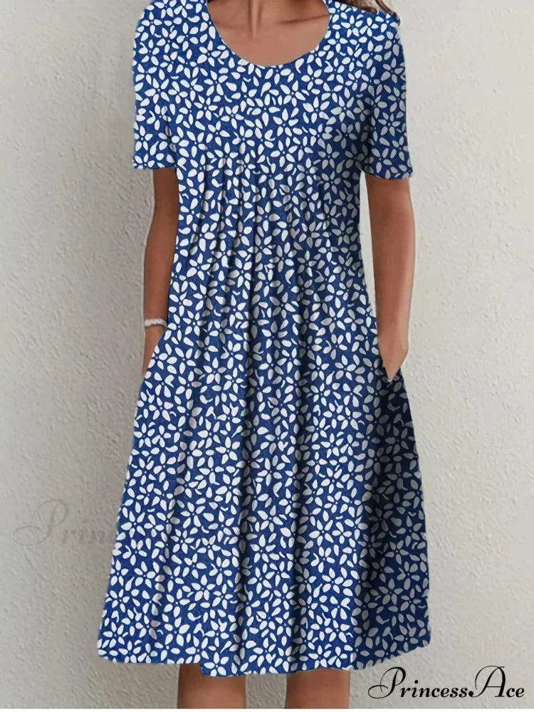 Chic Spring Summer Circular Neck Patterned Flowered Dress