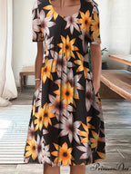 Chic Spring Summer Circular Neck Patterned Flowered Dress