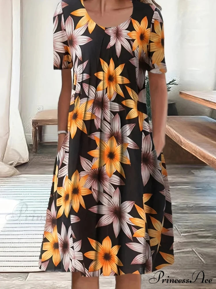 Chic Spring Summer Circular Neck Patterned Flowered Dress