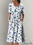 Chic Spring Summer Circular Neck Patterned Flowered Dress