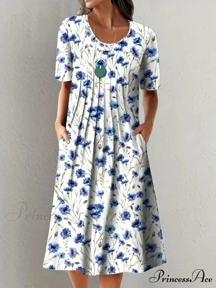 Chic Spring Summer Circular Neck Patterned Flowered Dress