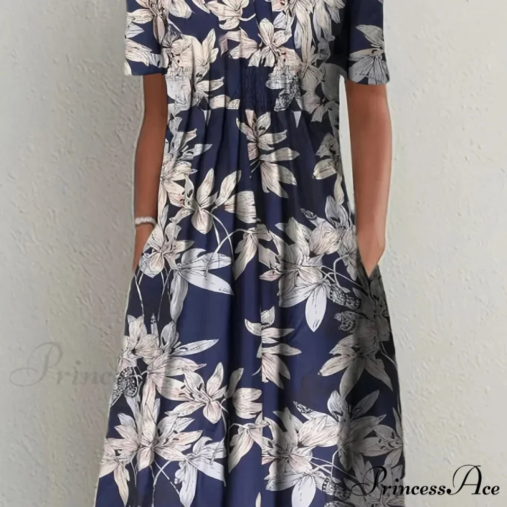 Chic Spring Summer Circular Neck Patterned Flowered Dress