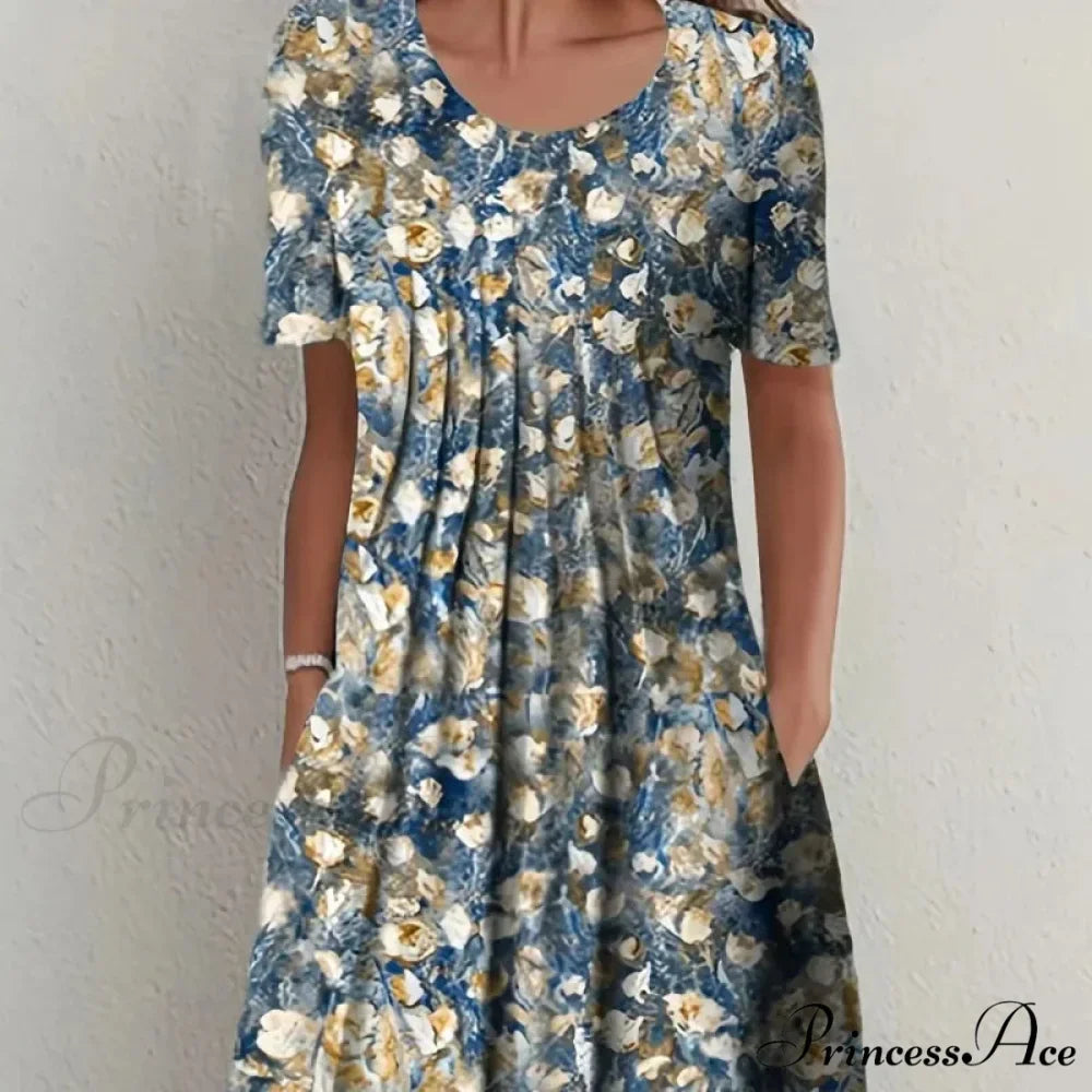 Chic Spring Summer Circular Neck Patterned Flowered Dress