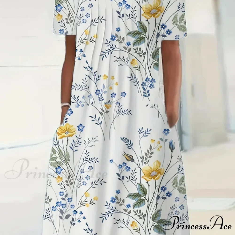 Chic Spring Summer Circular Neck Patterned Flowered Dress