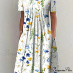 Chic Spring Summer Circular Neck Patterned Flowered Dress