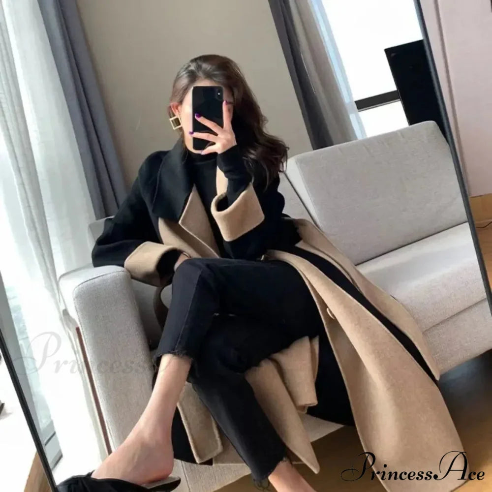 Chic Woolen Patchwork Double-breasted Anti-wrinkle Lapel Winter High Sense Stylish Coat