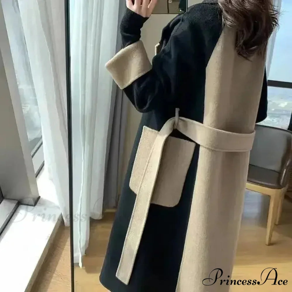 Chic Woolen Patchwork Double-breasted Anti-wrinkle Lapel Winter High Sense Stylish Coat