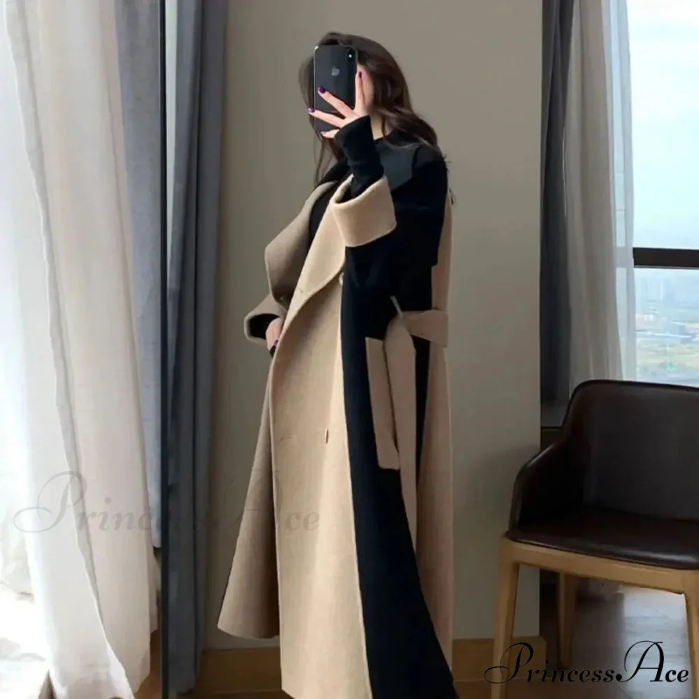 Chic Woolen Patchwork Double-breasted Anti-wrinkle Lapel Winter High Sense Stylish Coat