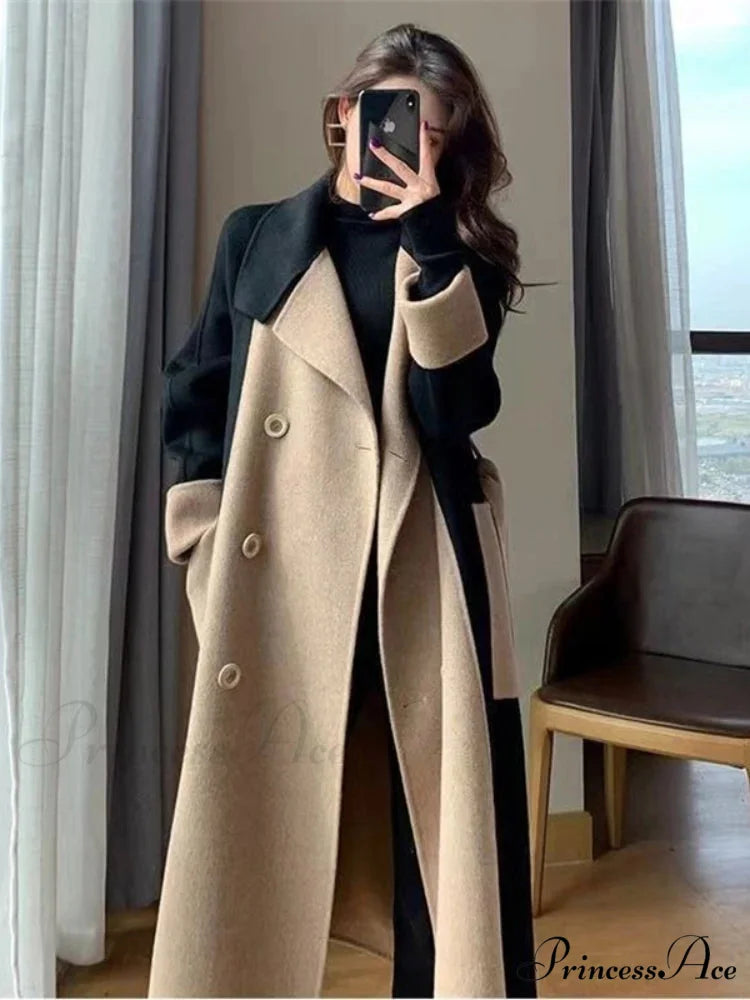 Chic Woolen Patchwork Double-breasted Anti-wrinkle Lapel Winter High Sense Stylish Coat