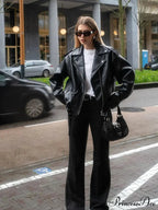 Chic Zipper Collar Leather Fashion Long Sleeved Pocket Black Autumn Stylish Coat