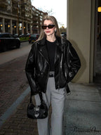 Chic Zipper Collar Leather Fashion Long Sleeved Pocket Black Autumn Stylish Coat