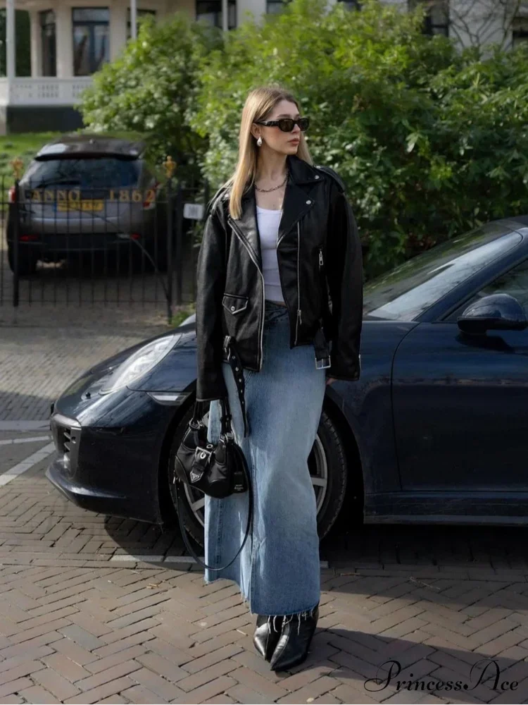 Chic Zipper Collar Leather Fashion Long Sleeved Pocket Black Autumn Stylish Coat