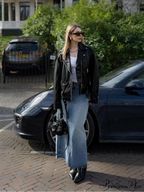 Chic Zipper Collar Leather Fashion Long Sleeved Pocket Black Autumn Stylish Coat