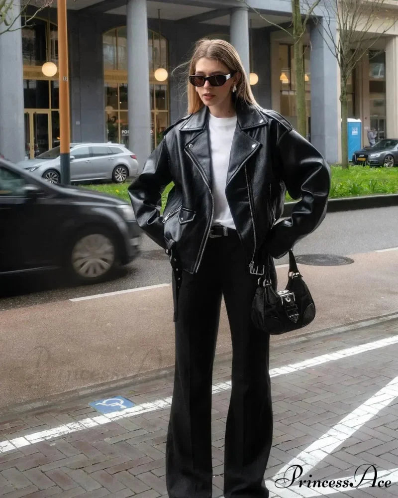 Chic Zipper Collar Leather Fashion Long Sleeved Pocket Black Autumn Stylish Coat