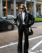 Chic Zipper Collar Leather Fashion Long Sleeved Pocket Black Autumn Stylish Coat