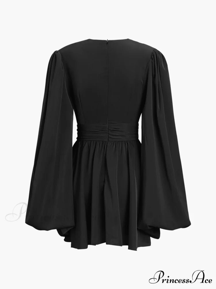 Chiffon Low Cut V-neck Modern Pleated Zip Mini Dress