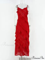 Chiffon Maxi Dress with Ruffles and Backless Split - Sexy Long Summer Wedding/Christmas Party Outfit