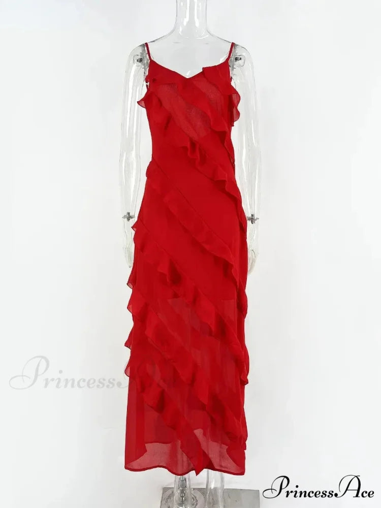 Chiffon Maxi Dress with Ruffles and Backless Split - Sexy Long Summer Wedding/Christmas Party Outfit