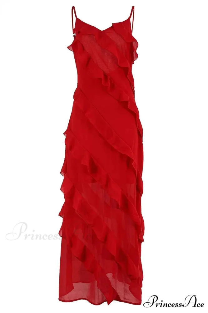 Chiffon Maxi Dress with Ruffles and Backless Split - Sexy Long Summer Wedding/Christmas Party Outfit