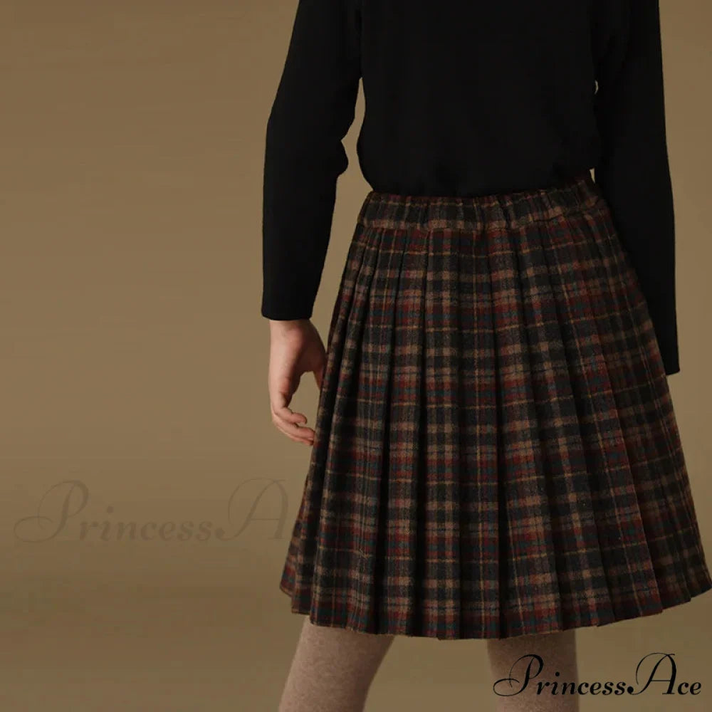 Children's Retro Plaid Wool Casual Thick Pleated Autumn Winter Skirt