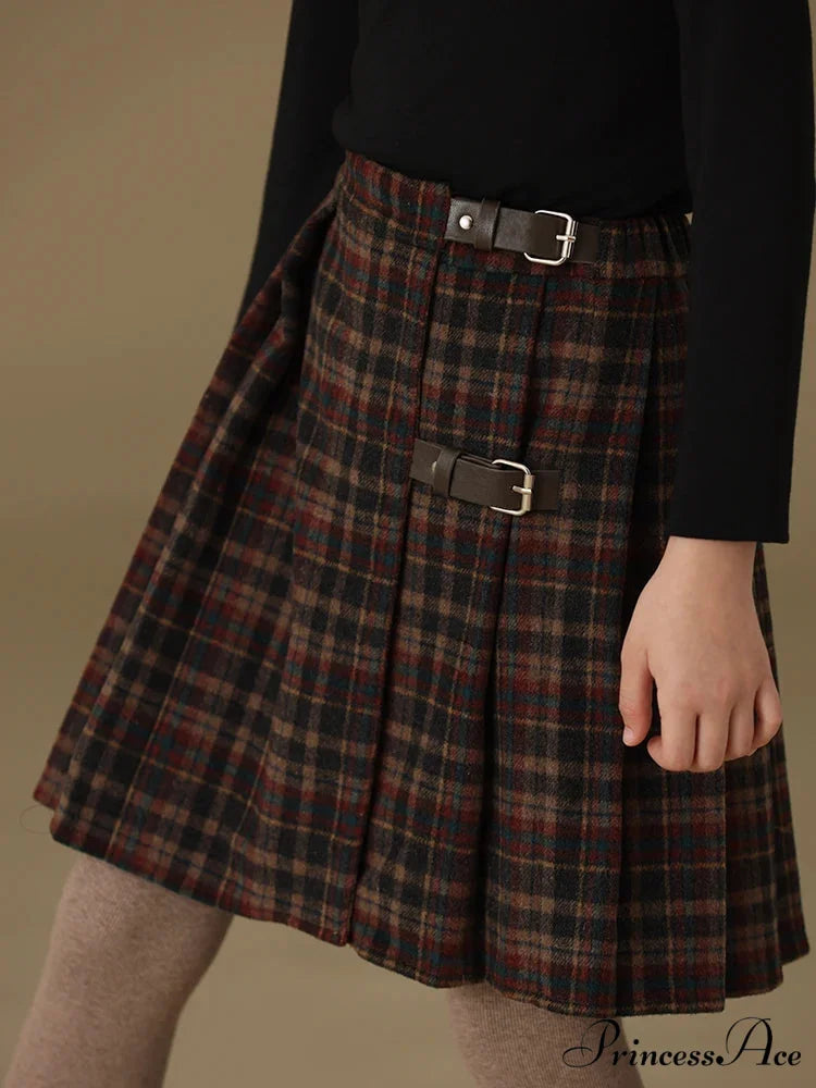 Children's Retro Plaid Wool Casual Thick Pleated Autumn Winter Skirt